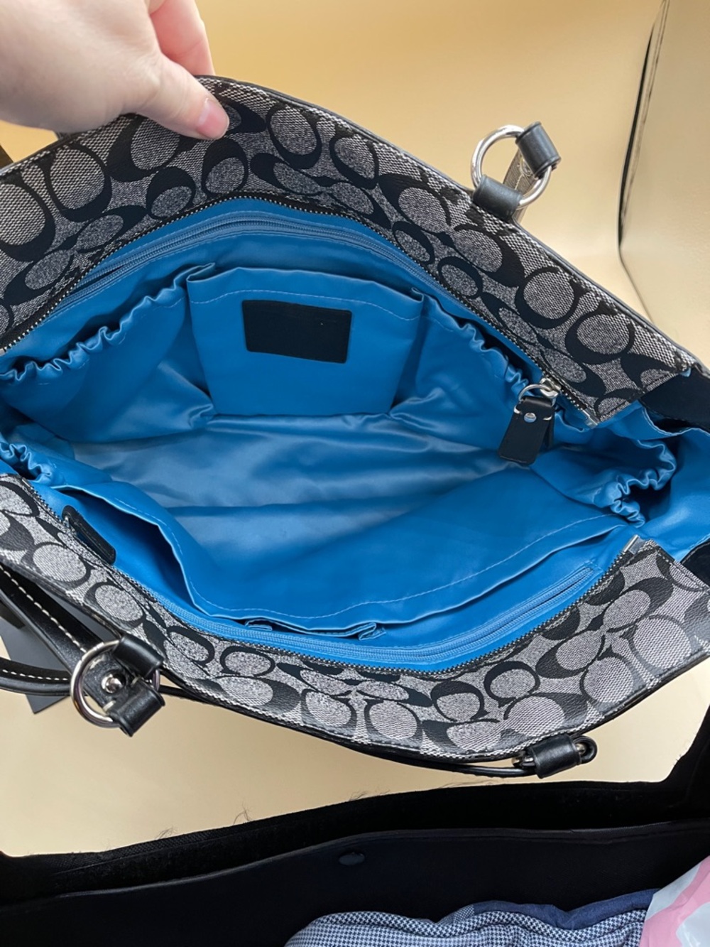 Coach Signature Stripe Tote Black and Light Gray Denim Canvas Look Work or Baby - Picture 6 of 11